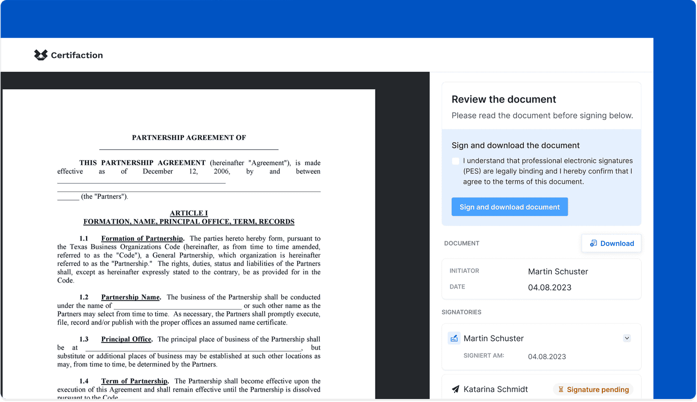 Certifaction signature view in the app